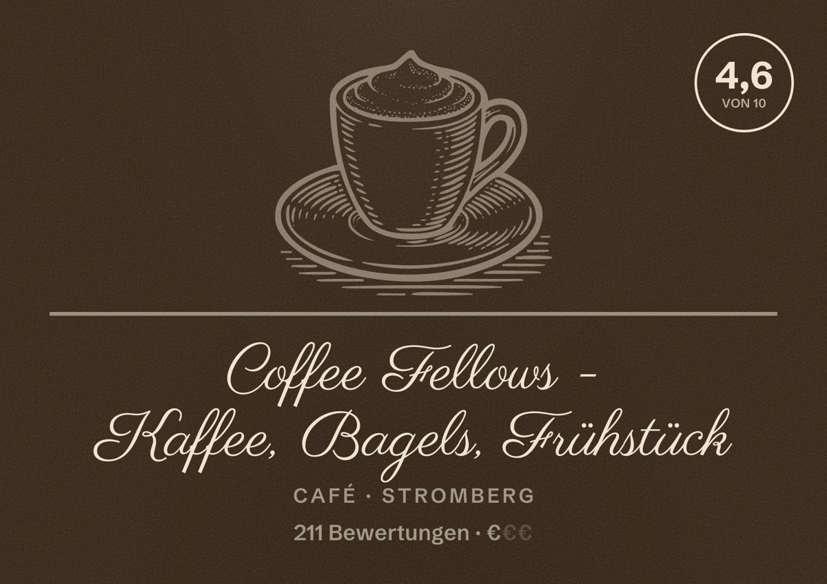 Illustriertes Poster von Coffee Fellows - Kaffee, Bagels, Frühstück, Café in Stromberg: Bewertung 4,6 von 10 aus 211 Bewertungen, Preisniveau €
