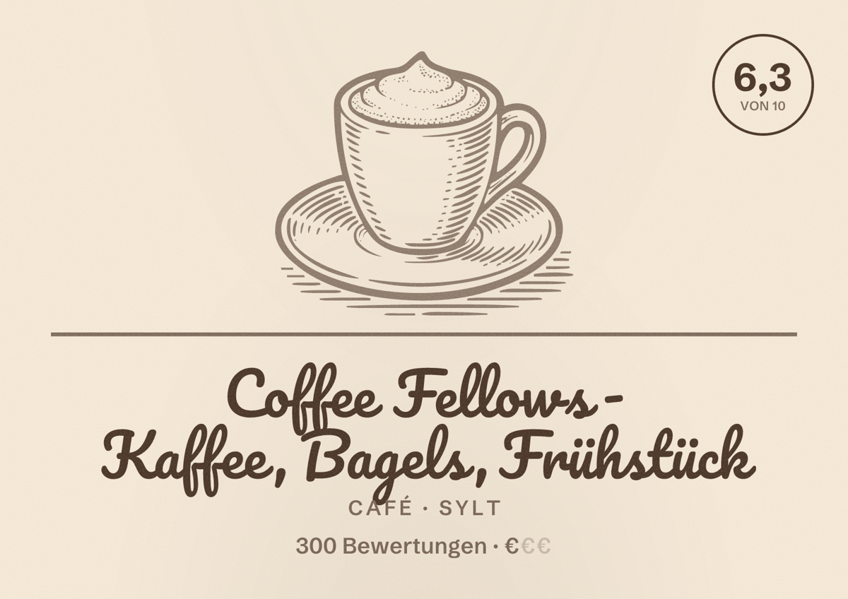 Illustriertes Poster von Coffee Fellows - Kaffee, Bagels, Frühstück, Café in Sylt: Bewertung 6,3 von 10 aus 300 Bewertungen, Preisniveau €