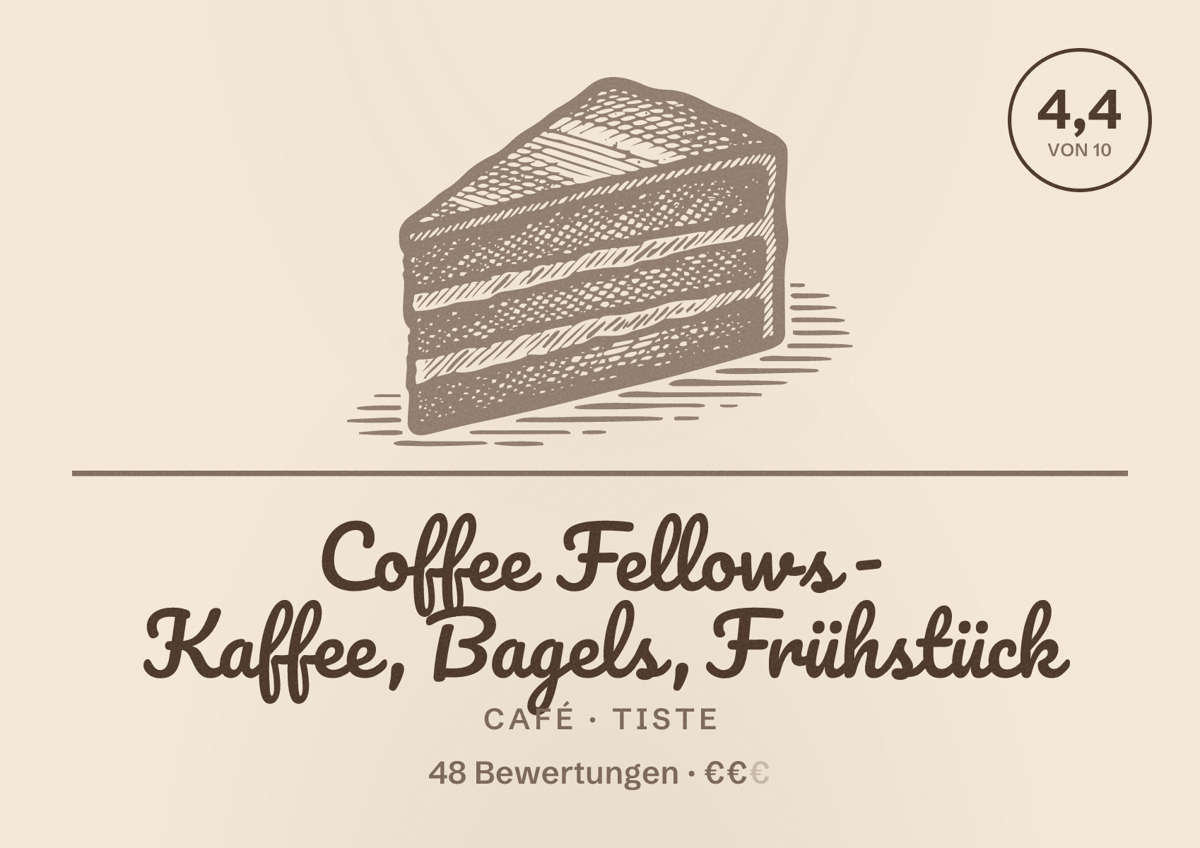 Illustriertes Poster von Coffee Fellows - Kaffee, Bagels, Frühstück, Café in Tiste: Bewertung 4,4 von 10 aus 48 Bewertungen, Preisniveau €€