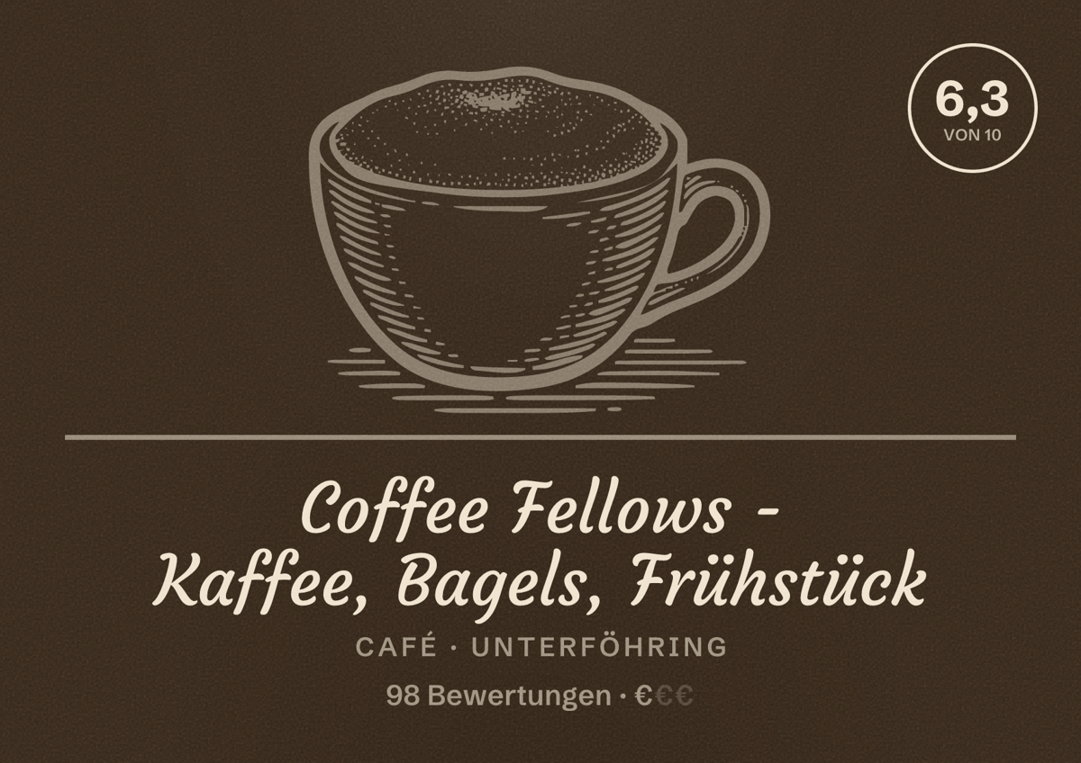 Illustriertes Poster von Coffee Fellows - Kaffee, Bagels, Frühstück, Café in Unterföhring: Bewertung 6,3 von 10 aus 98 Bewertungen, Preisniveau €
