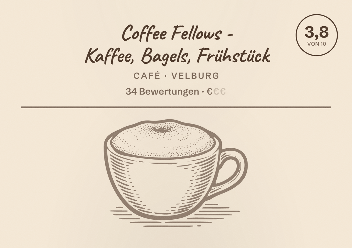 Illustriertes Poster von Coffee Fellows - Kaffee, Bagels, Frühstück, Café in Velburg: Bewertung 3,8 von 10 aus 34 Bewertungen, Preisniveau €