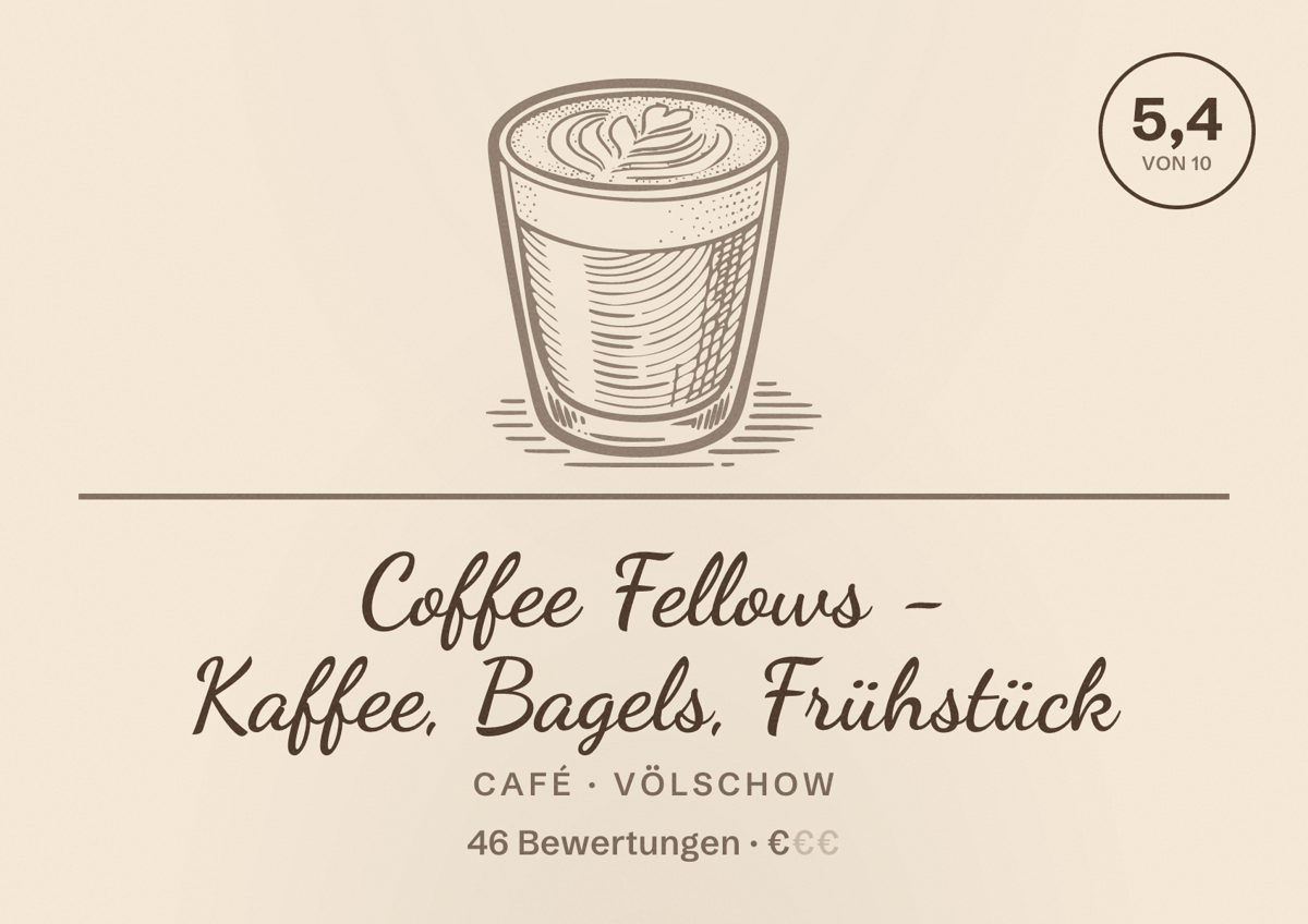 Illustriertes Poster von Coffee Fellows - Kaffee, Bagels, Frühstück, Café in Völschow: Bewertung 5,4 von 10 aus 46 Bewertungen, Preisniveau €