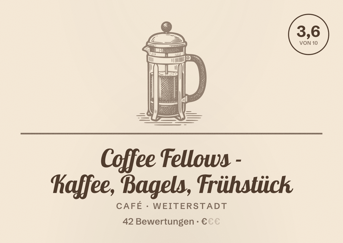 Illustriertes Poster von Coffee Fellows - Kaffee, Bagels, Frühstück, Café in Weiterstadt: Bewertung 3,6 von 10 aus 42 Bewertungen, Preisniveau €