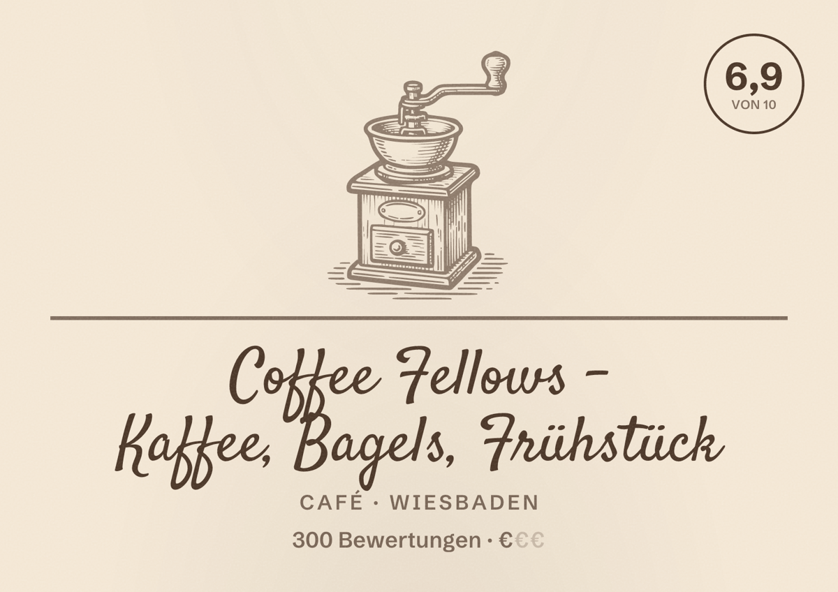 Illustriertes Poster von Coffee Fellows - Kaffee, Bagels, Frühstück, Café in Wiesbaden: Bewertung 6,9 von 10 aus 300 Bewertungen, Preisniveau €