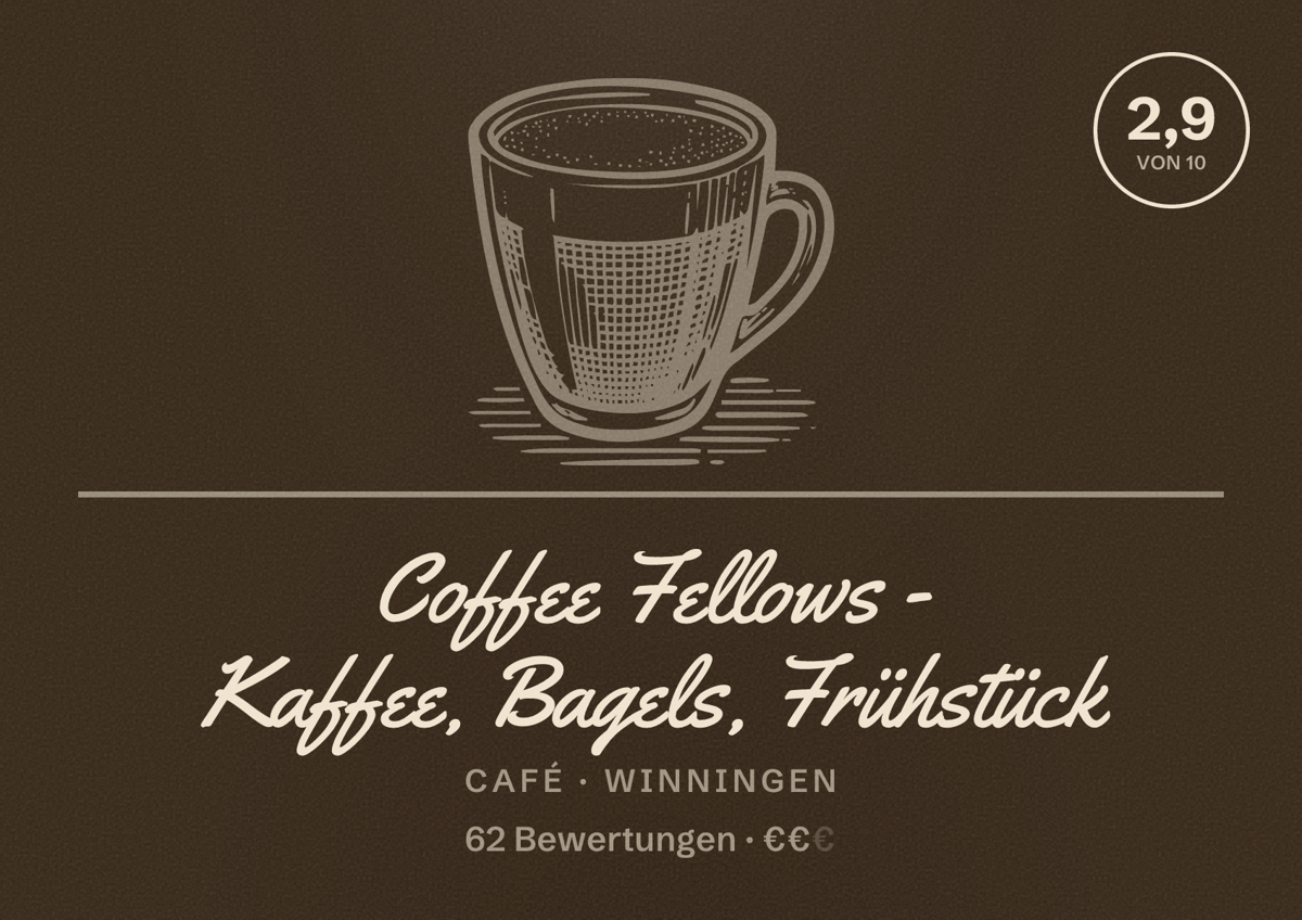 Illustriertes Poster von Coffee Fellows - Kaffee, Bagels, Frühstück, Café in Winningen: Bewertung 2,9 von 10 aus 62 Bewertungen, Preisniveau €€