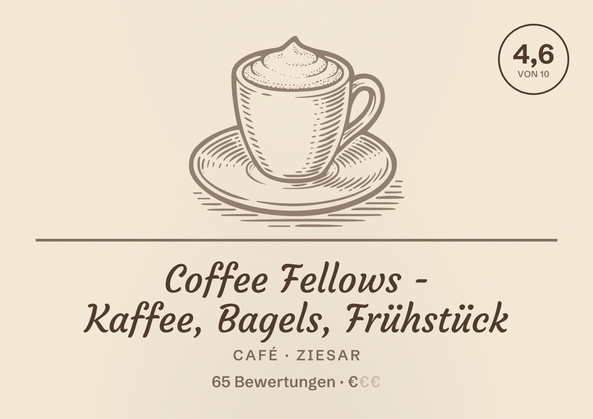 Illustriertes Poster von Coffee Fellows - Kaffee, Bagels, Frühstück, Café in Ziesar: Bewertung 4,6 von 10 aus 65 Bewertungen, Preisniveau €