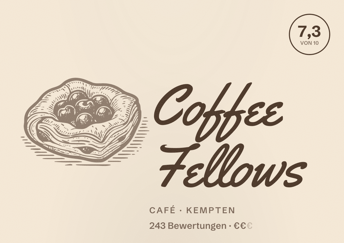 Illustriertes Poster von Coffee Fellows, Café in Kempten: Bewertung 7,3 von 10 aus 243 Bewertungen, Preisniveau €€