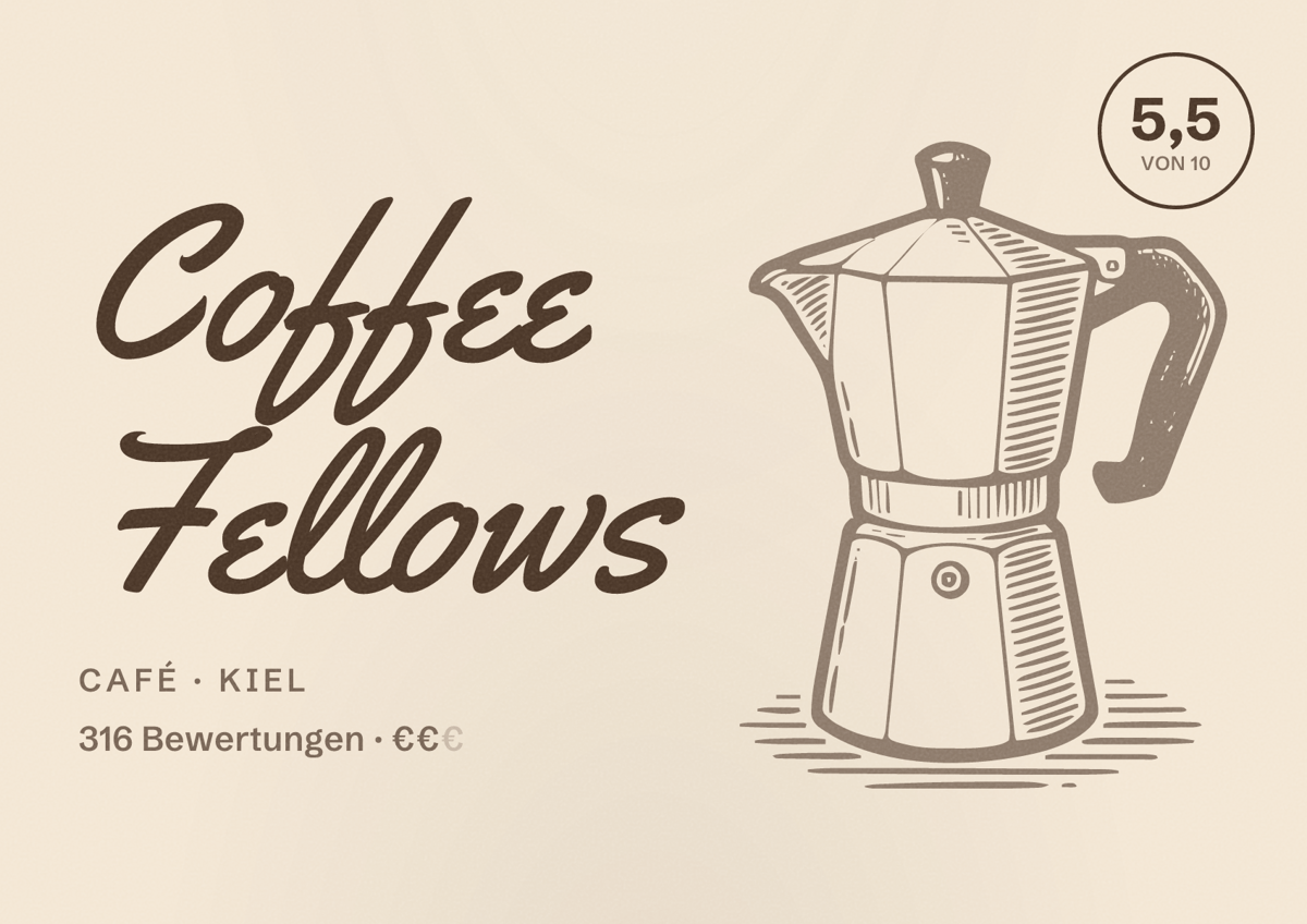 Illustriertes Poster von Coffee Fellows, Café in Kiel: Bewertung 5,5 von 10 aus 316 Bewertungen, Preisniveau €€