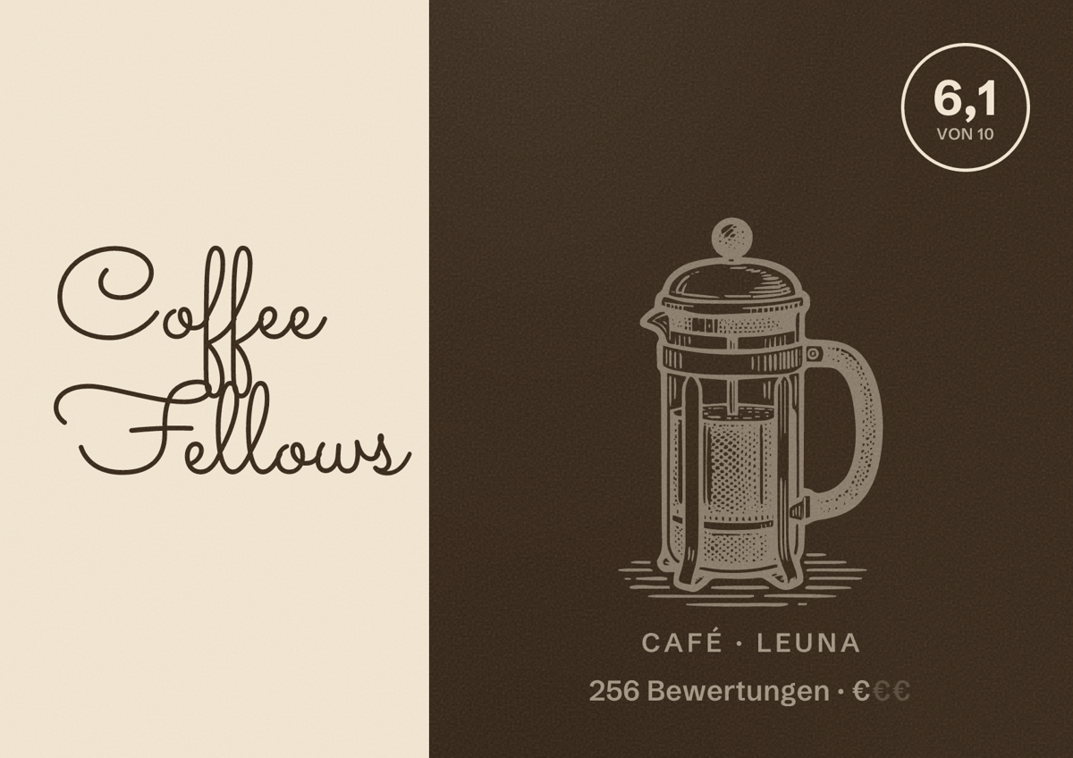 Illustriertes Poster von Coffee Fellows, Café in Leuna: Bewertung 6,1 von 10 aus 256 Bewertungen, Preisniveau €
