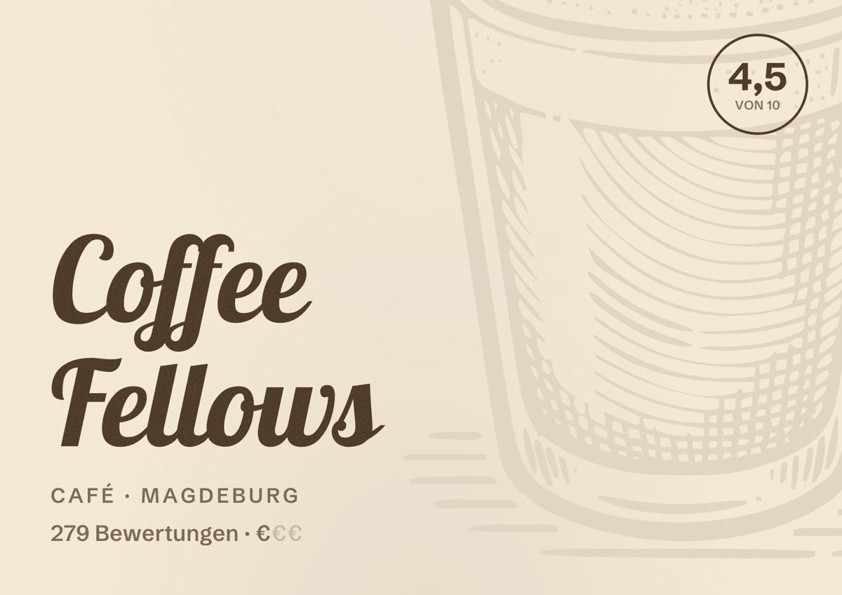 Illustriertes Poster von Coffee Fellows, Café in Magdeburg: Bewertung 4,5 von 10 aus 279 Bewertungen, Preisniveau €