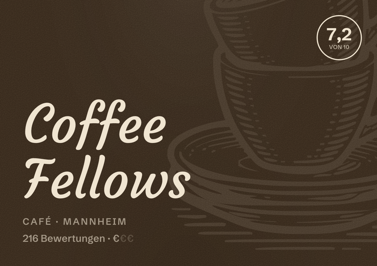 Illustriertes Poster von Coffee Fellows, Café in Mannheim: Bewertung 7,2 von 10 aus 216 Bewertungen, Preisniveau €