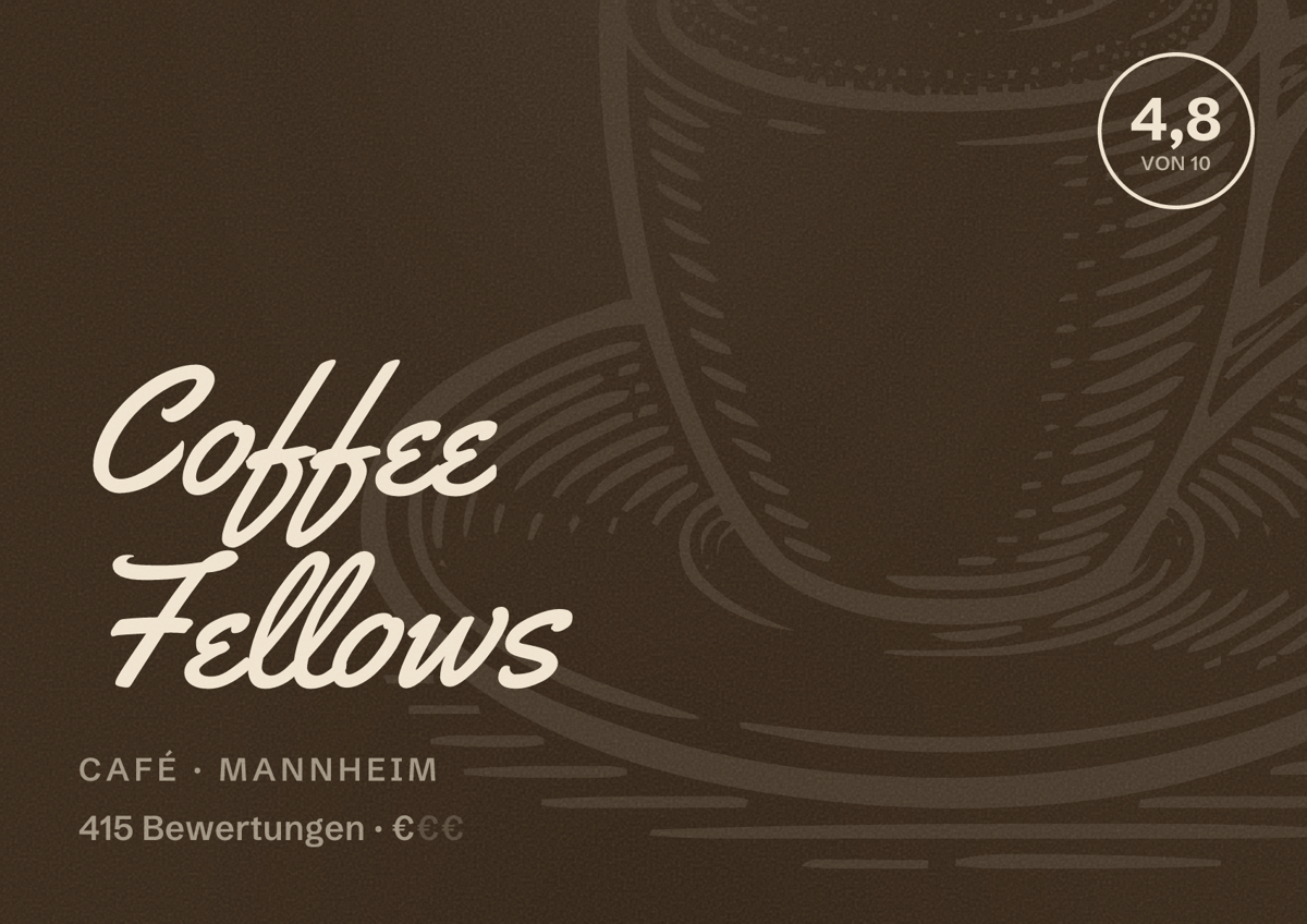 Illustriertes Poster von Coffee Fellows, Café in Mannheim: Bewertung 4,8 von 10 aus 415 Bewertungen, Preisniveau €
