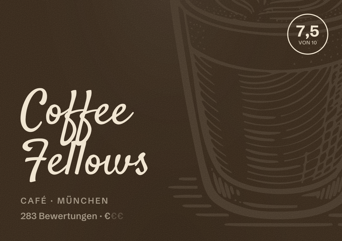 Illustriertes Poster von Coffee Fellows, Café in München: Bewertung 7,5 von 10 aus 283 Bewertungen, Preisniveau €