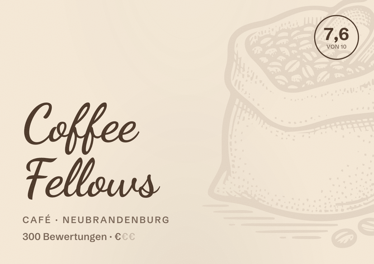 Illustriertes Poster von Coffee Fellows, Café in Neubrandenburg: Bewertung 7,6 von 10 aus 300 Bewertungen, Preisniveau €