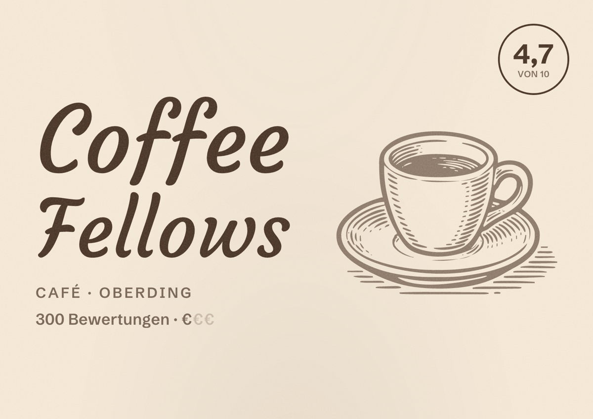 Illustriertes Poster von Coffee Fellows, Café in Oberding: Bewertung 4,7 von 10 aus 300 Bewertungen, Preisniveau €