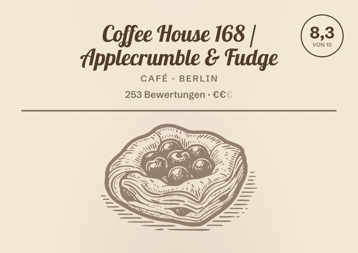 Illustriertes Poster von Coffee House 168 / Applecrumble & Fudge, Café in Berlin: Bewertung 8,3 von 10 aus 253 Bewertungen, Preisniveau €€