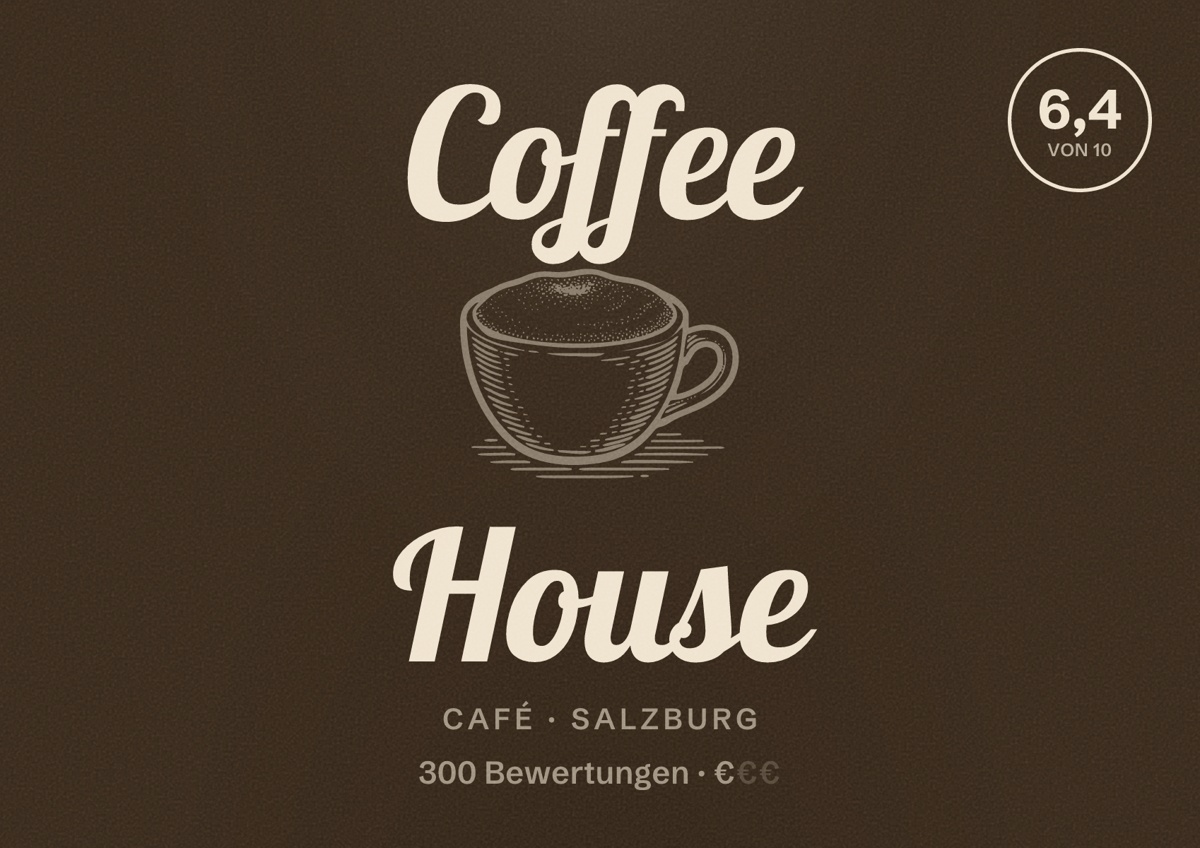 Illustriertes Poster von Coffee House, Café in Salzburg: Bewertung 6,4 von 10 aus 300 Bewertungen, Preisniveau €