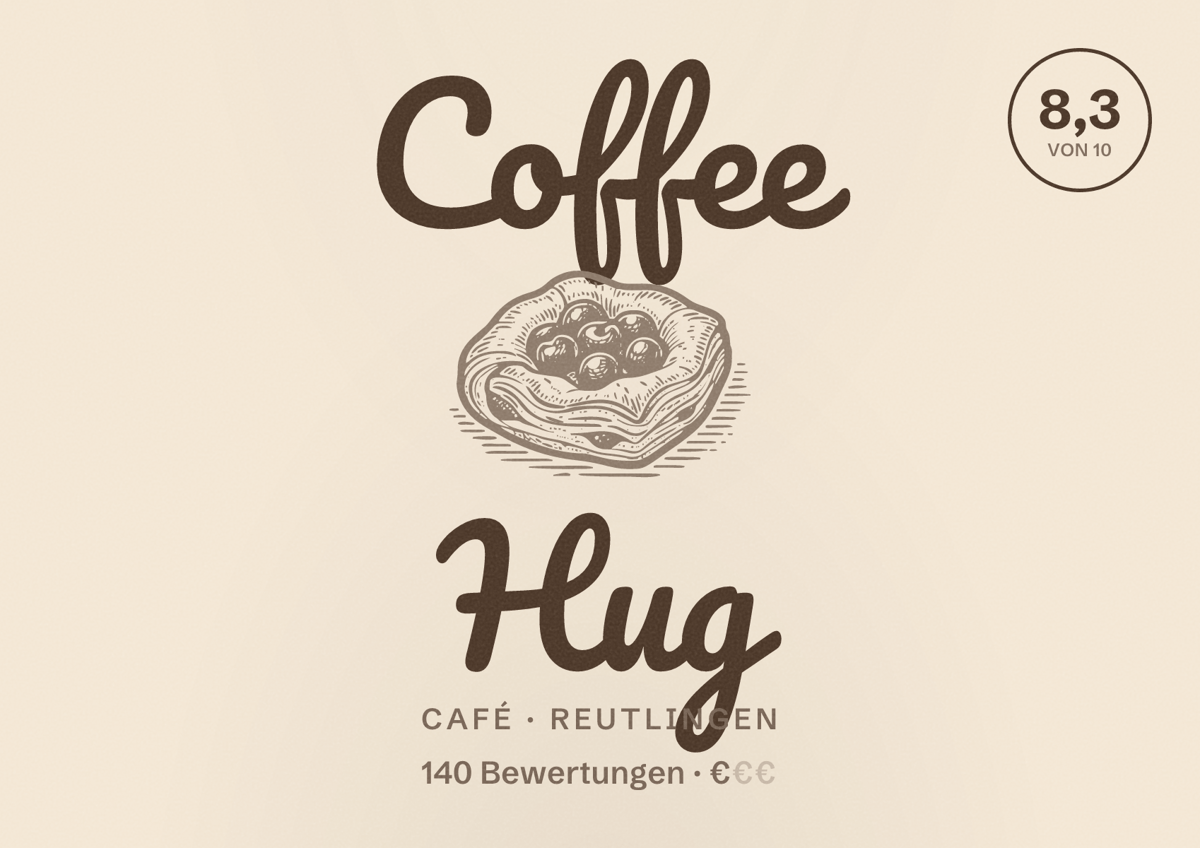 Illustriertes Poster von Coffee Hug, Café in Reutlingen: Bewertung 8,3 von 10 aus 140 Bewertungen, Preisniveau €