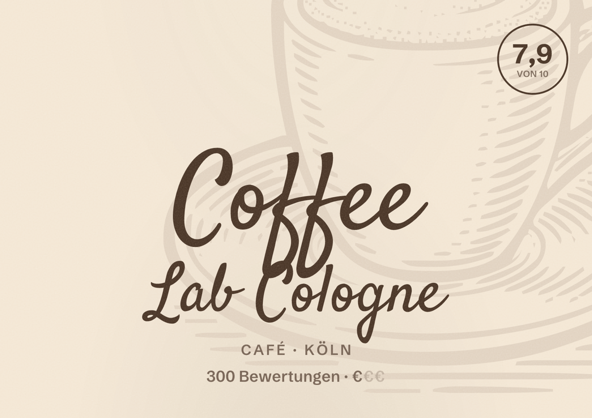 Illustriertes Poster von Coffee Lab Cologne, Café in Köln: Bewertung 7,9 von 10 aus 300 Bewertungen, Preisniveau €