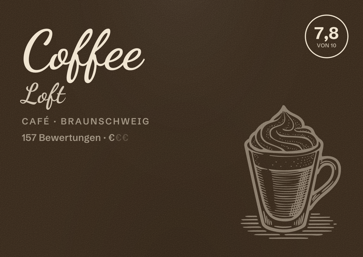 Illustriertes Poster von Coffee Loft, Café in Braunschweig: Bewertung 7,8 von 10 aus 157 Bewertungen, Preisniveau €
