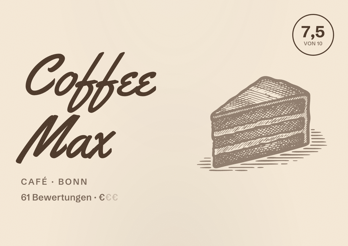 Illustriertes Poster von Coffee Max, Café in Bonn: Gästebewertung 7,5 von 10 aus 61 Bewertungen