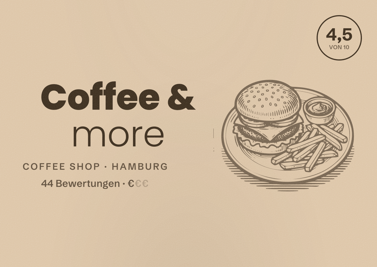 Illustriertes Poster von Coffee & more, Coffee Shop in Hamburg: Bewertung 4,5 von 10 aus 44 Bewertungen, Preisniveau €