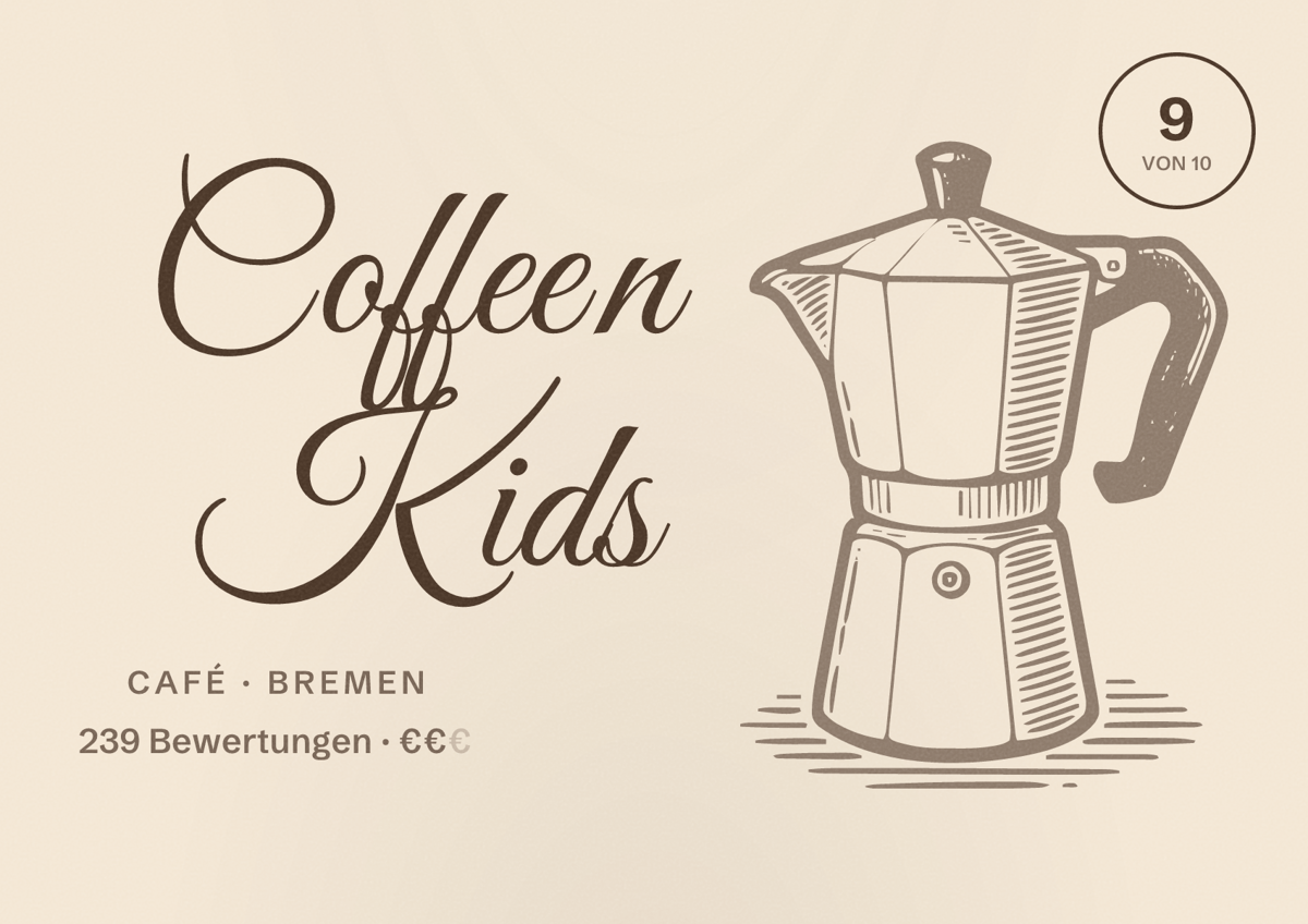 Illustriertes Poster von Coffee n Kids, Café in Bremen: Bewertung 9 von 10 aus 239 Bewertungen, Preisniveau €€