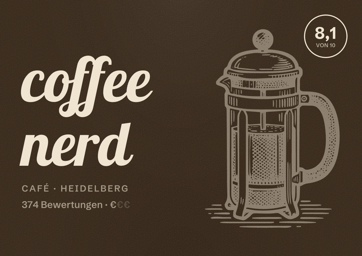 Illustriertes Poster von coffee nerd, Café in Heidelberg: Bewertung 8,1 von 10 aus 374 Bewertungen, Preisniveau €
