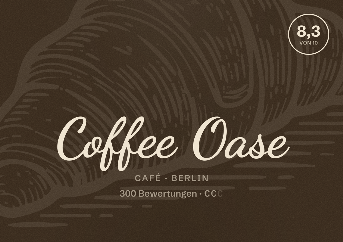 Illustriertes Poster von Coffee Oase, Café in Berlin: Bewertung 8,3 von 10 aus 300 Bewertungen, Preisniveau €€