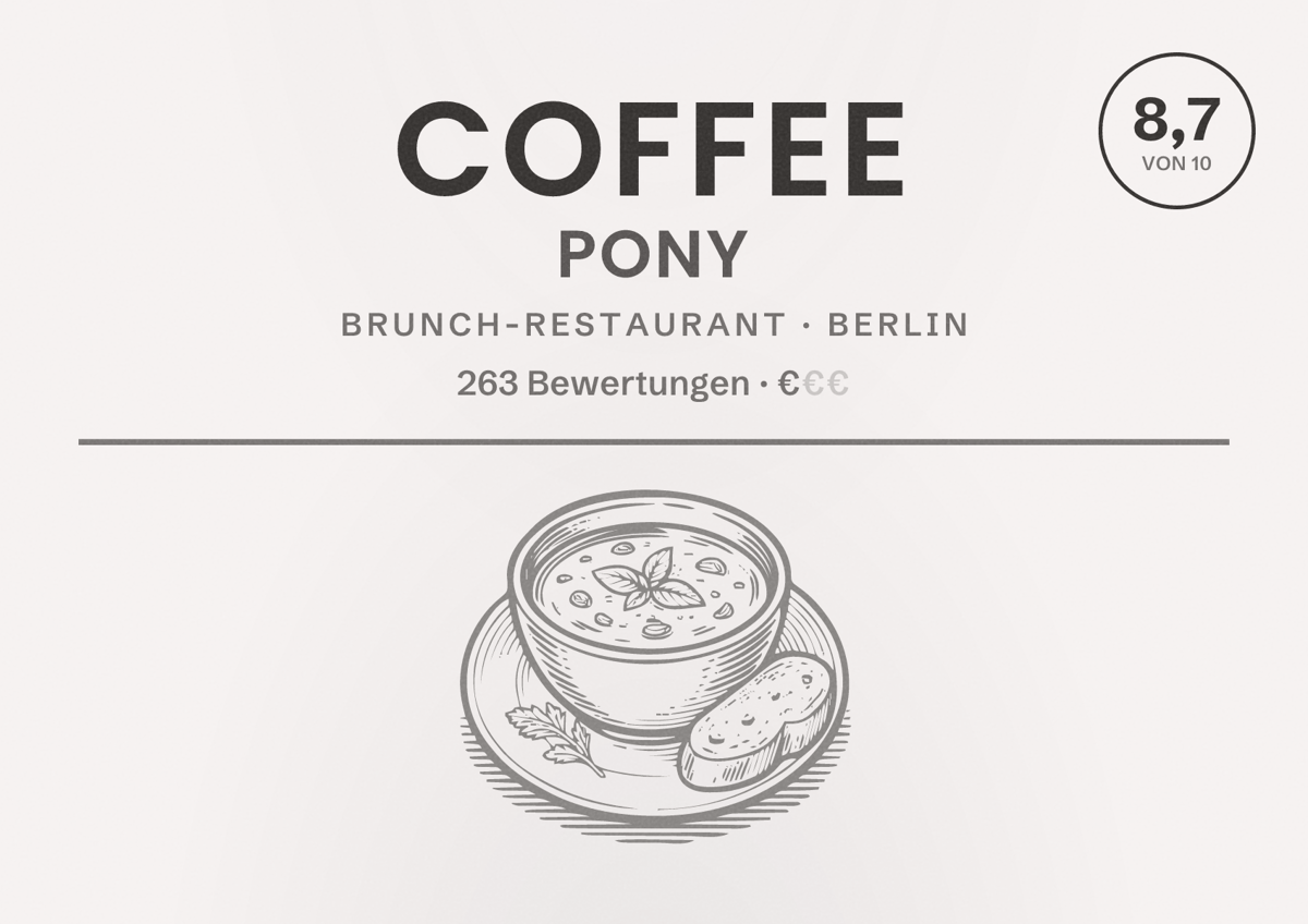 Illustriertes Poster von Coffee Pony, Brunch-Restaurant in Berlin: Bewertung 8,7 von 10 aus 263 Bewertungen, Preisniveau €