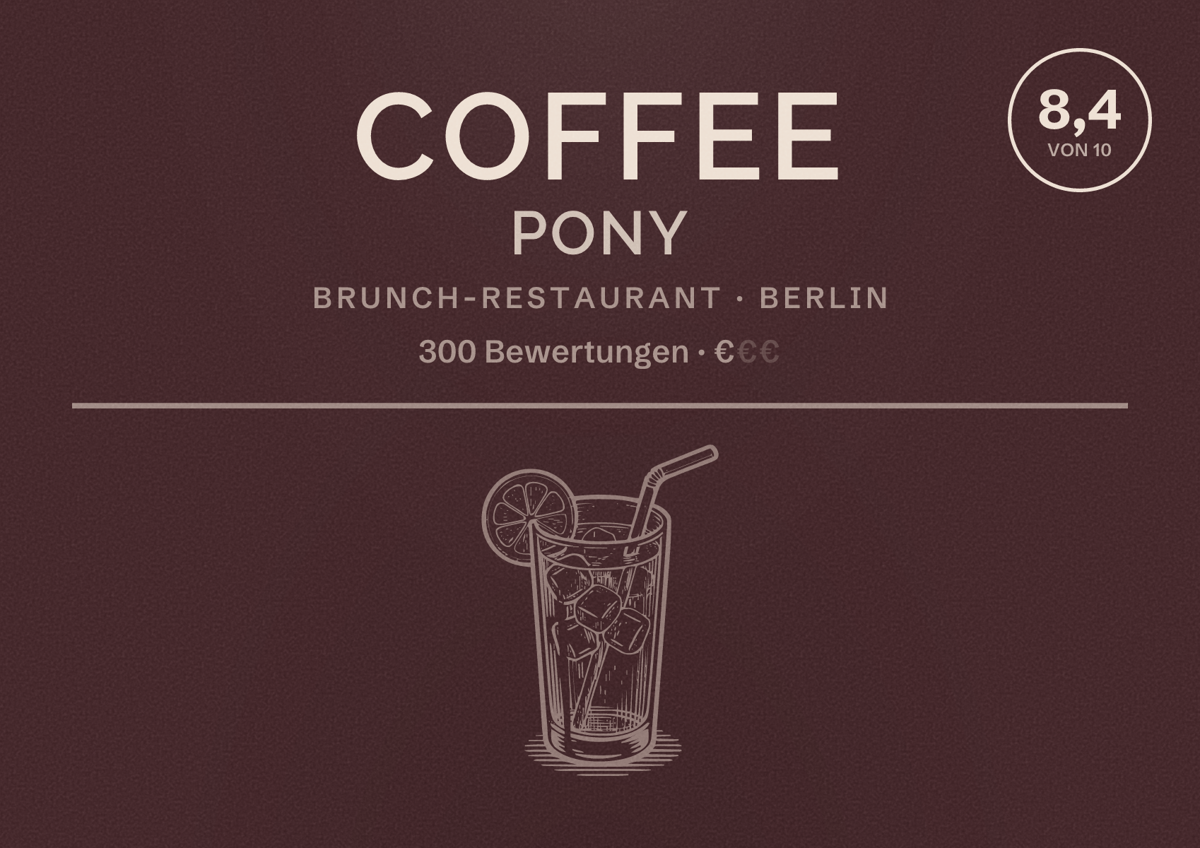 Illustriertes Poster von Coffee Pony, Brunch-Restaurant in Berlin: Bewertung 8,4 von 10 aus 300 Bewertungen, Preisniveau €