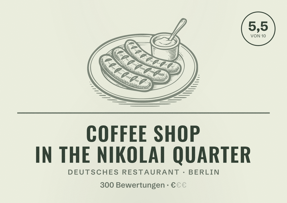 Illustriertes Poster von Coffee shop in the Nikolai Quarter, Deutsches Restaurant in Berlin: Bewertung 5,5 von 10 aus 300 Bewertungen, Preisniveau €