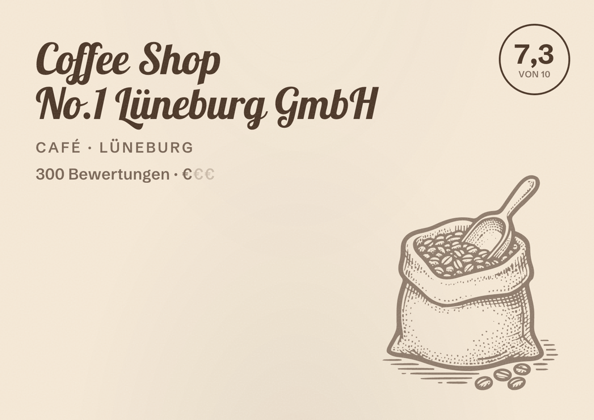 Illustriertes Poster von Coffee Shop No.1 Lüneburg GmbH, Café in Lüneburg: Bewertung 7,3 von 10 aus 300 Bewertungen, Preisniveau €