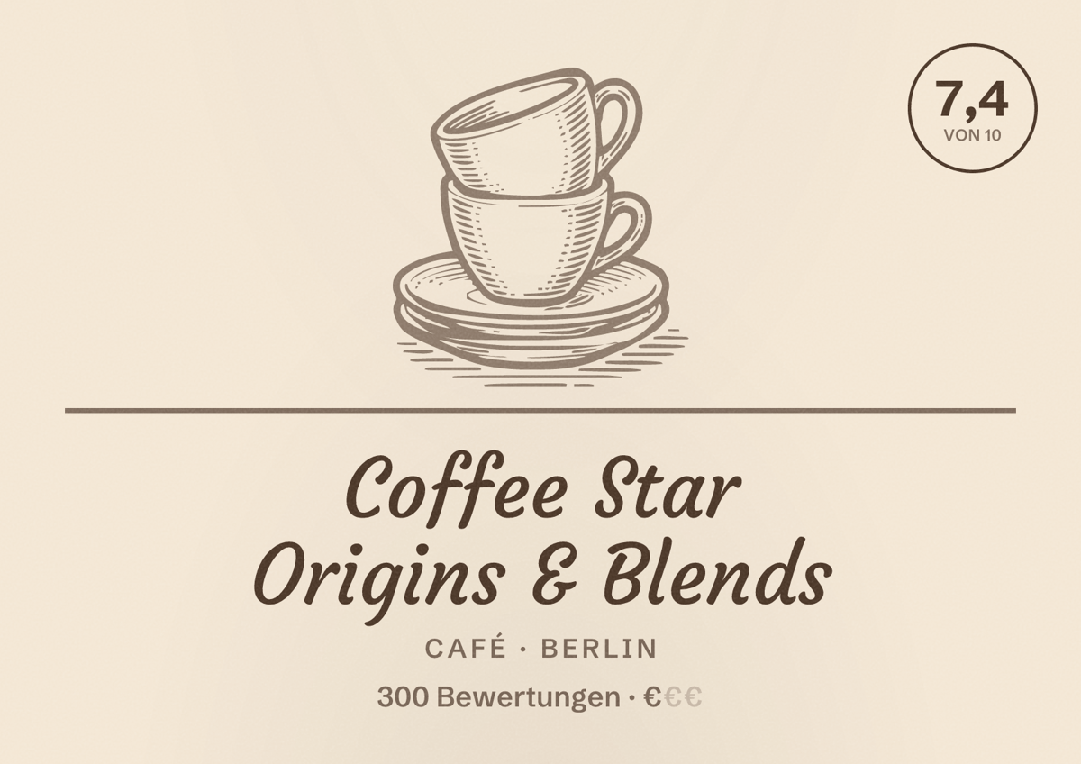 Illustriertes Poster von Coffee Star Origins & Blends, Café in Berlin: Bewertung 7,4 von 10 aus 300 Bewertungen, Preisniveau €