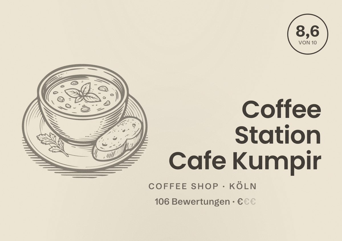 Illustriertes Poster von Coffee Station Cafe Kumpir, Coffee Shop in Köln: Bewertung 8,6 von 10 aus 106 Bewertungen, Preisniveau €