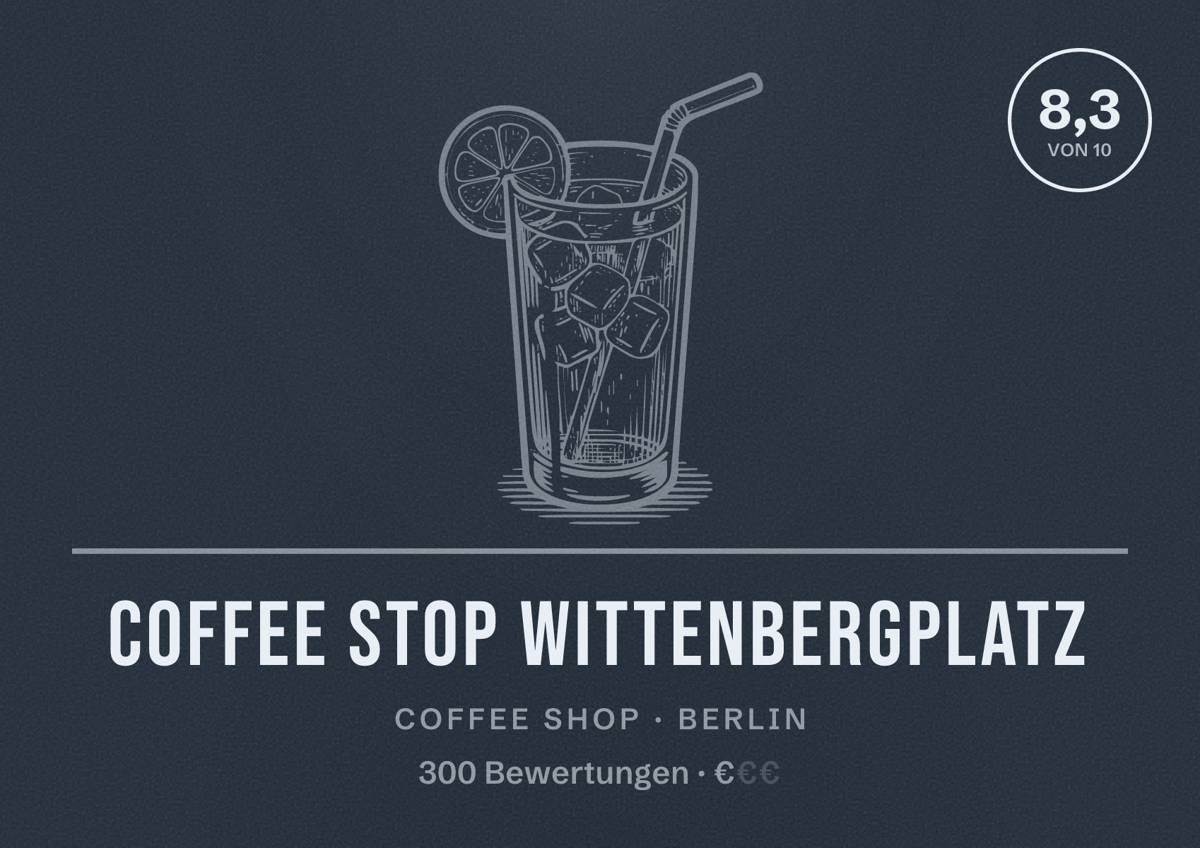 Illustriertes Poster von Coffee Stop Wittenbergplatz, Coffee Shop in Berlin: Bewertung 8,3 von 10 aus 300 Bewertungen, Preisniveau €