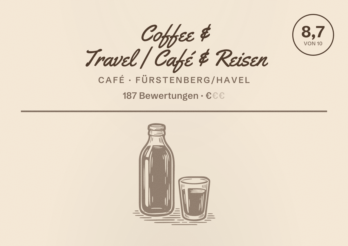 Illustriertes Poster von Coffee & Travel | Café & Reisen, Café in Fürstenberg/Havel: Bewertung 8,7 von 10 aus 187 Bewertungen, Preisniveau €