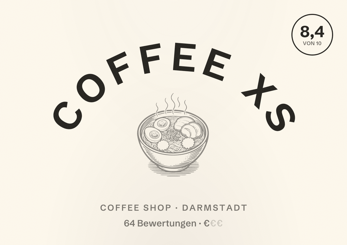 Illustriertes Poster von Coffee XS, Coffee Shop in Darmstadt: Bewertung 8,4 von 10 aus 64 Bewertungen, Preisniveau €