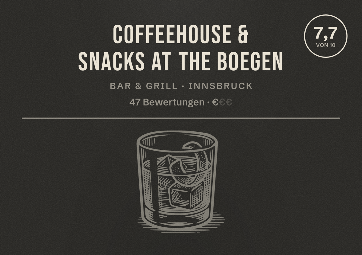 Illustriertes Poster von Coffeehouse & Snacks at the Boegen, Bar & Grill in Innsbruck: Bewertung 7,7 von 10 aus 47 Bewertungen, Preisniveau €