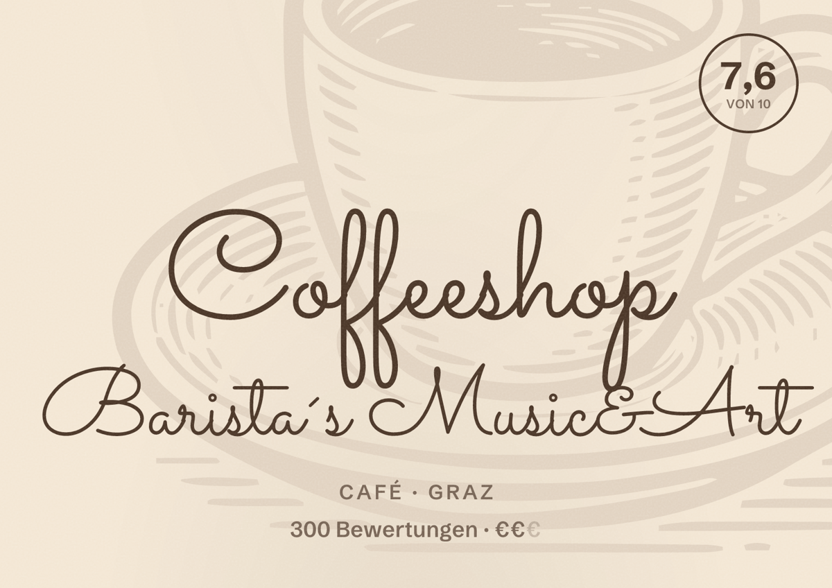 Illustriertes Poster von Coffeeshop Barista´s Music&Art, Café in Graz: Bewertung 7,6 von 10 aus 300 Bewertungen, Preisniveau €€