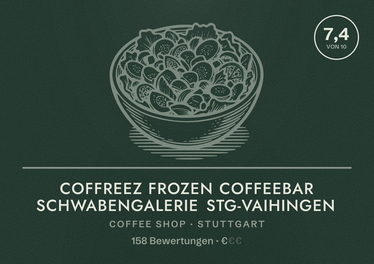 Illustriertes Poster von coffreez Frozen Coffeebar Schwabengalerie Stg-Vaihingen, Coffee Shop in Stuttgart: Bewertung 7,4 von 10 aus 158 Bewertungen, Preisniveau €