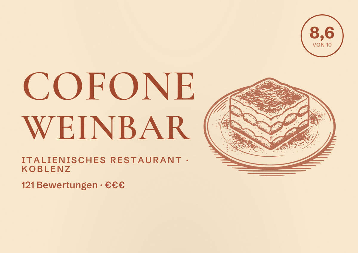 Illustriertes Poster von COFONE WEINBAR, Italienisches Restaurant in Koblenz: Bewertung 8,6 von 10 aus 121 Bewertungen, Preisniveau €€€