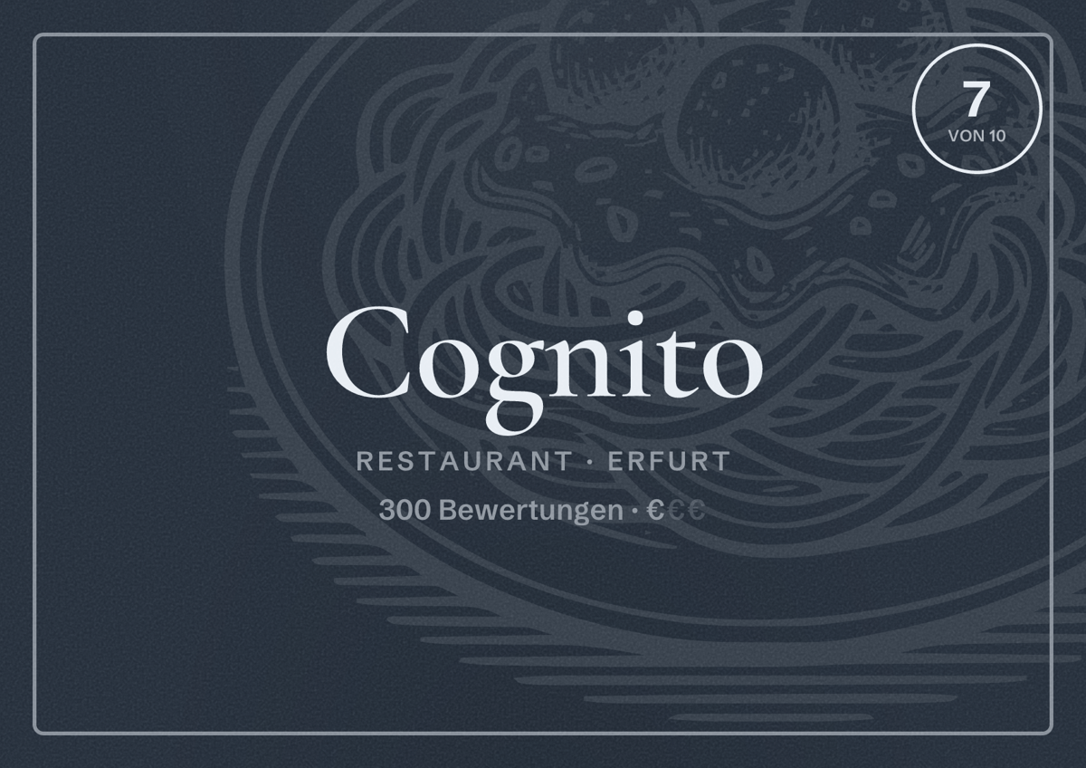 Illustriertes Poster von Cognito, Restaurant in Erfurt: Bewertung 7,0 von 10 aus 300 Bewertungen, Preisniveau €
