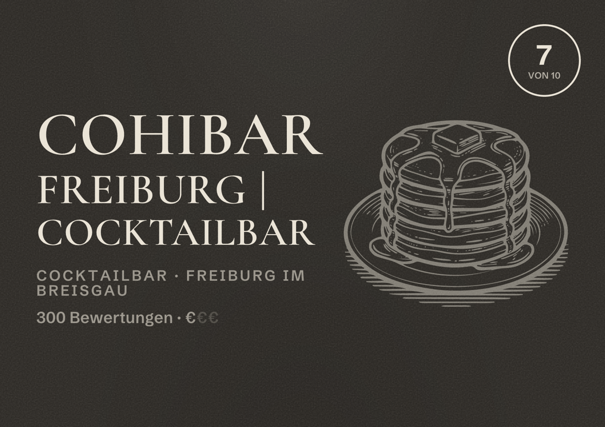 Illustriertes Poster von Cohibar Freiburg | Cocktailbar, Cocktailbar in Freiburg im Breisgau: Bewertung 7 von 10 aus 300 Bewertungen, Preisniveau €