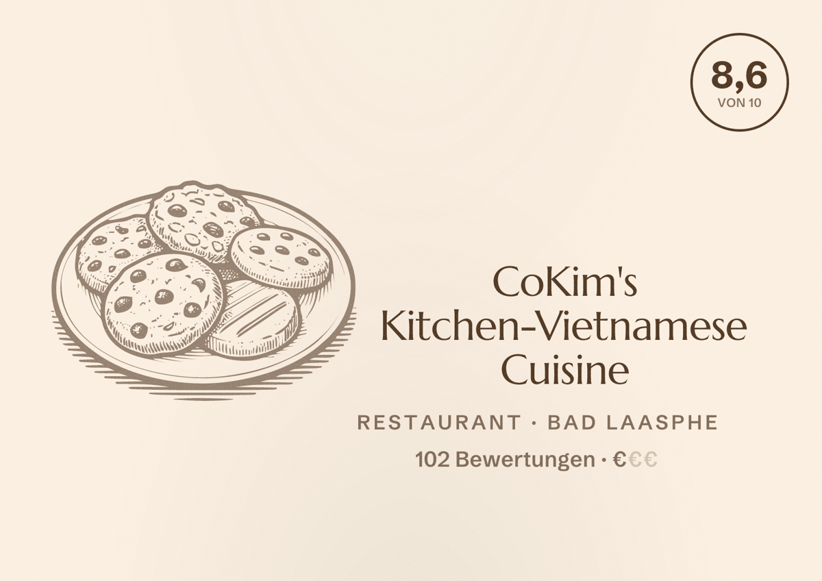 Illustriertes Poster von CoKim's Kitchen-Vietnamese Cuisine, Restaurant in Bad Laasphe: Bewertung 8,6 von 10 aus 102 Bewertungen, Preisniveau €