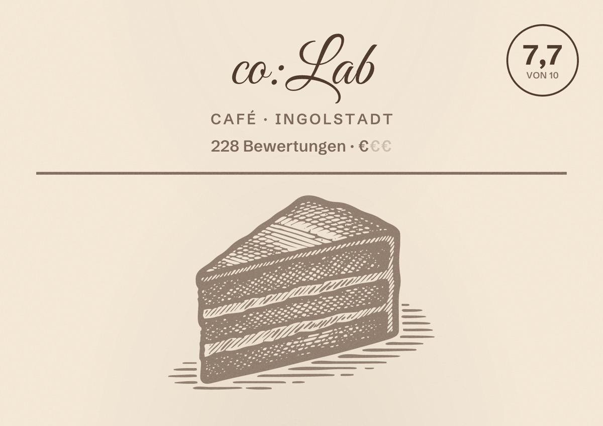 Illustriertes Poster von co:Lab, Café in Ingolstadt: Bewertung 7,7 von 10 aus 228 Bewertungen, Preisniveau €