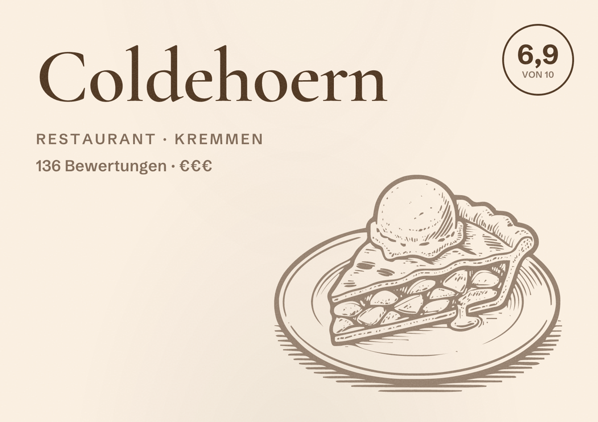 Illustriertes Poster von Coldehoern, Restaurant in Kremmen: Bewertung 6,9 von 10 aus 136 Bewertungen, Preisniveau €€€