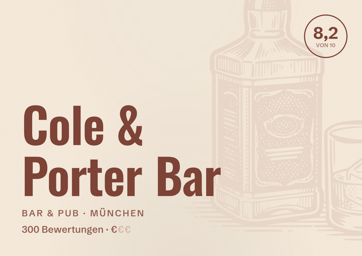 Illustriertes Poster von Cole & Porter Bar, Bar & Pub in München: Bewertung 8,2 von 10 aus 300 Bewertungen, Preisniveau €