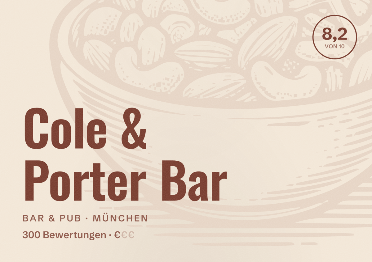Illustriertes Poster von Cole & Porter Bar, Bar & Pub in München: Bewertung 8,2 von 10 aus 300 Bewertungen, Preisniveau €