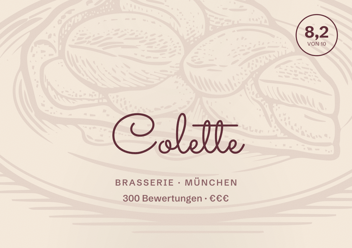 Illustriertes Poster von Colette, Brasserie in München: Bewertung 8,2 von 10 aus 300 Bewertungen, Preisniveau €€€